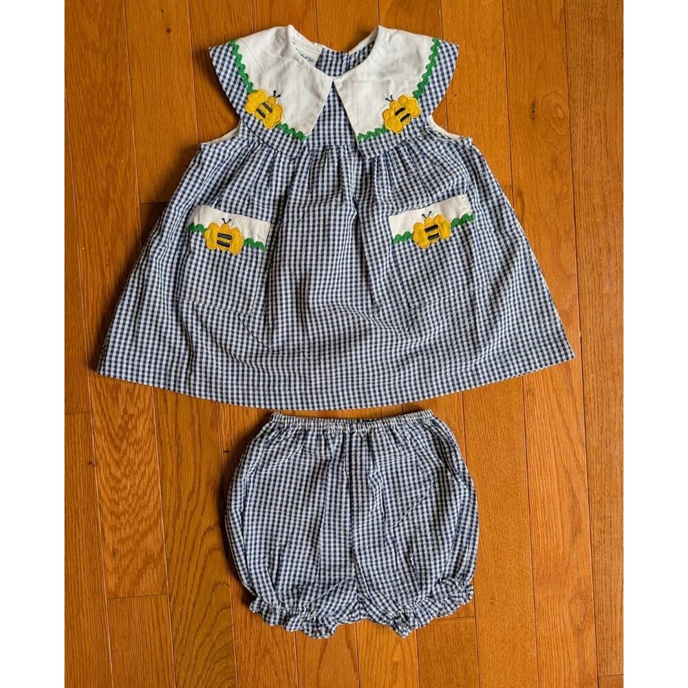 Vintage Samara Girls Navy Gingham Bumblebee Dress And Bloomers Set 4T